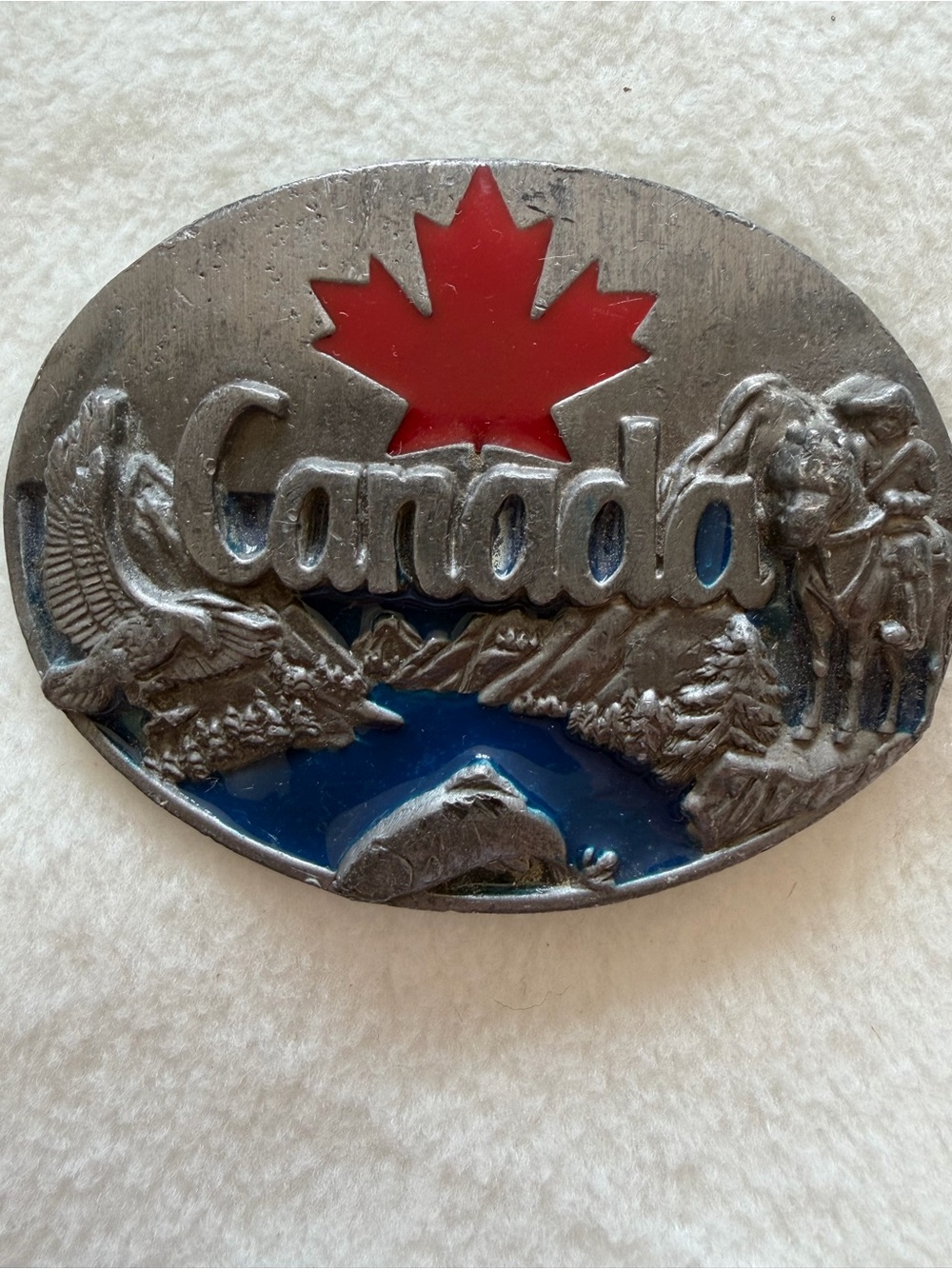 Canada Maple Leaf Belt Buckle - Red & Blue Accents